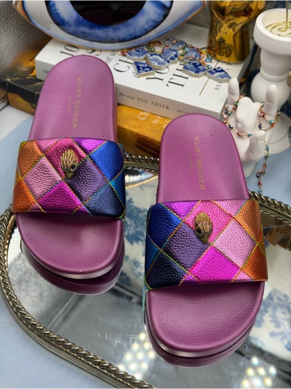 🆕 KURT GEIGER LONDON 🧿 NWOT Meena Eagle Metallic Diamond Slide, Sz 36.5 US 6.5